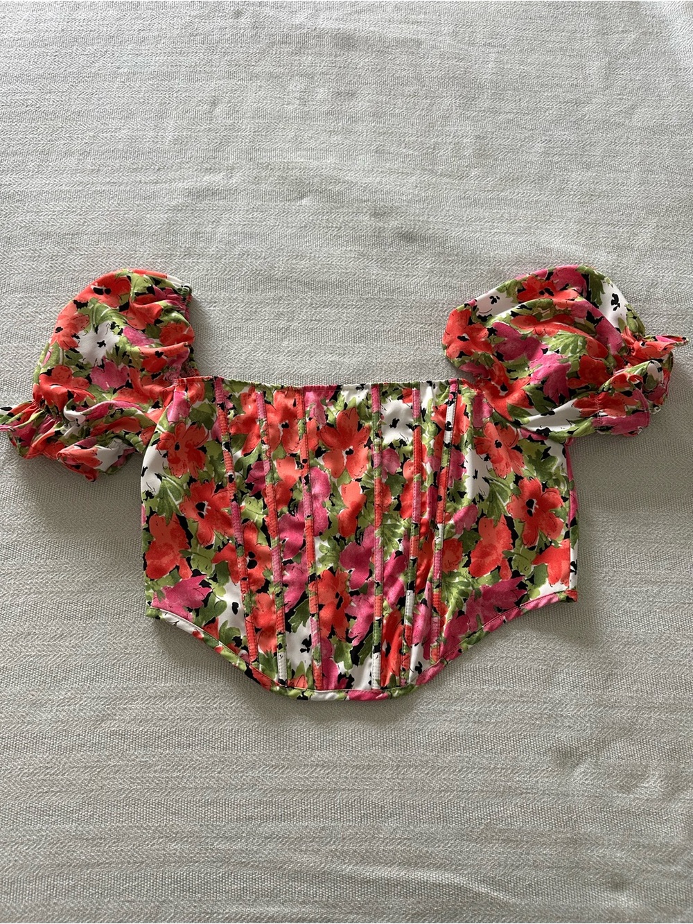 REVOLVE Floral Off-Shoulder Puff Sleeve Crop Top - Pink, Coral, Green